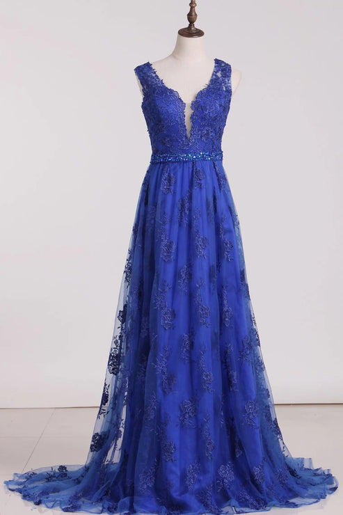 Luolandi A Line V Neck Lace Sweep Train Party Dresses Sexy Evening Dress